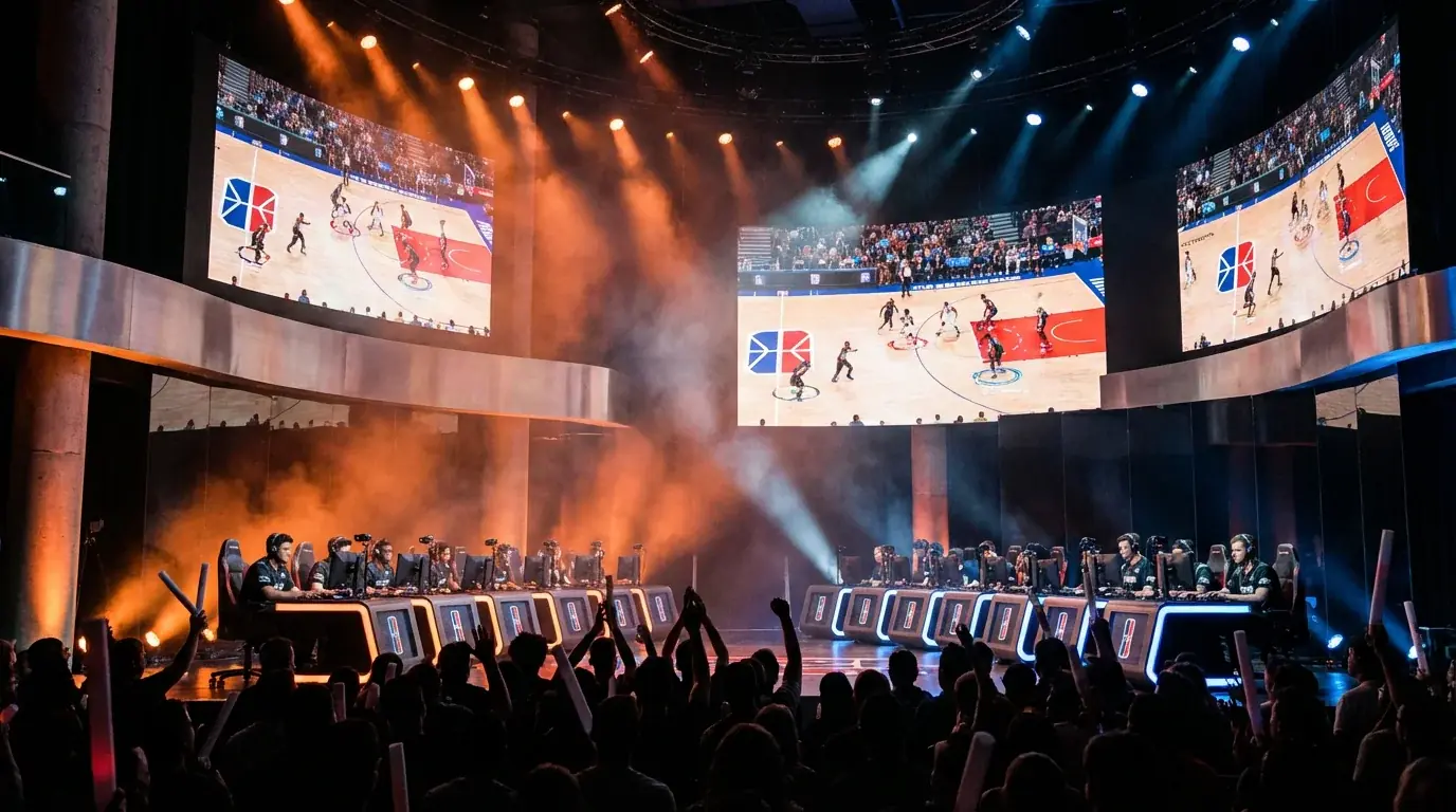 NBA 2K esports professional match with crowd and betting odds overlay